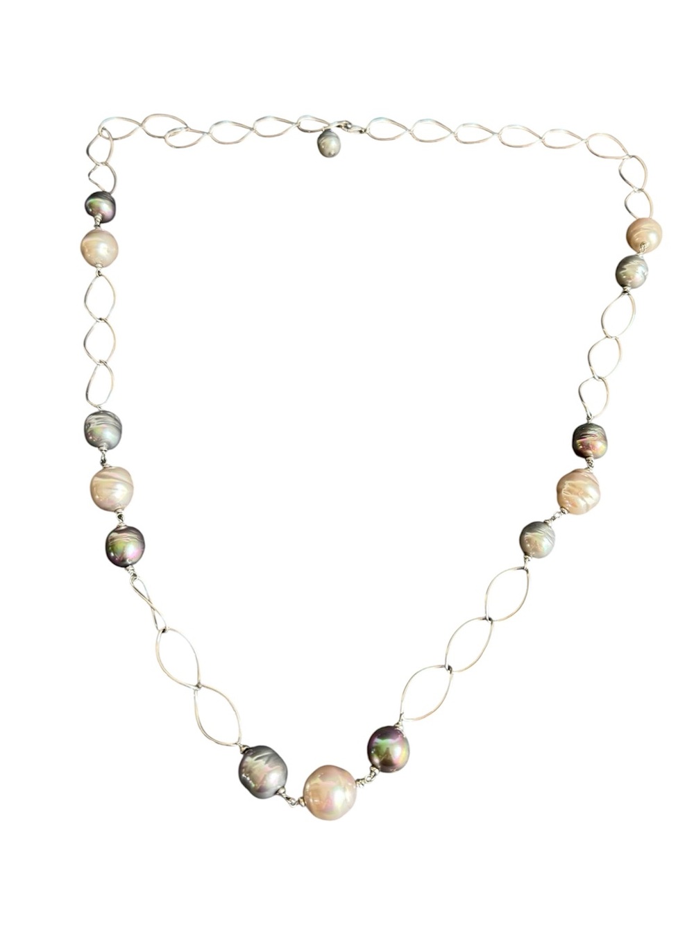 Sterling Silver Baroque Pearl Necklace Large Link Station Chain Old Money 925 - Picture 2 of 10